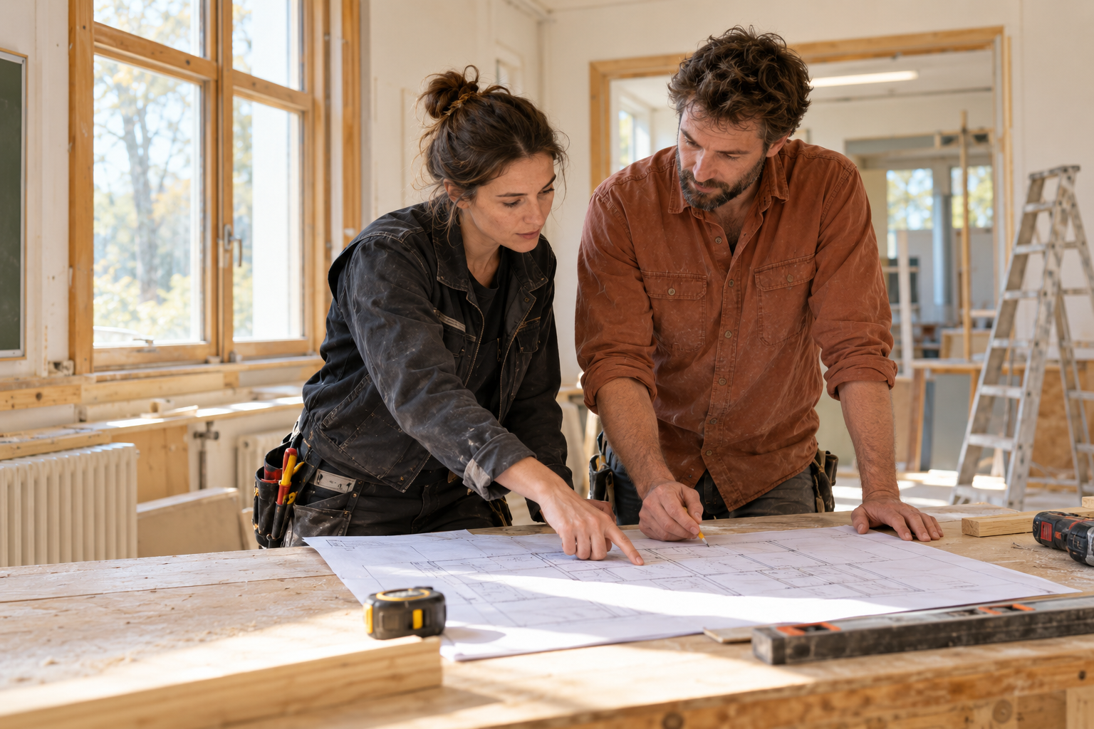 Illustration : deux artisans examinent les plans d’un chantier de rénovation.